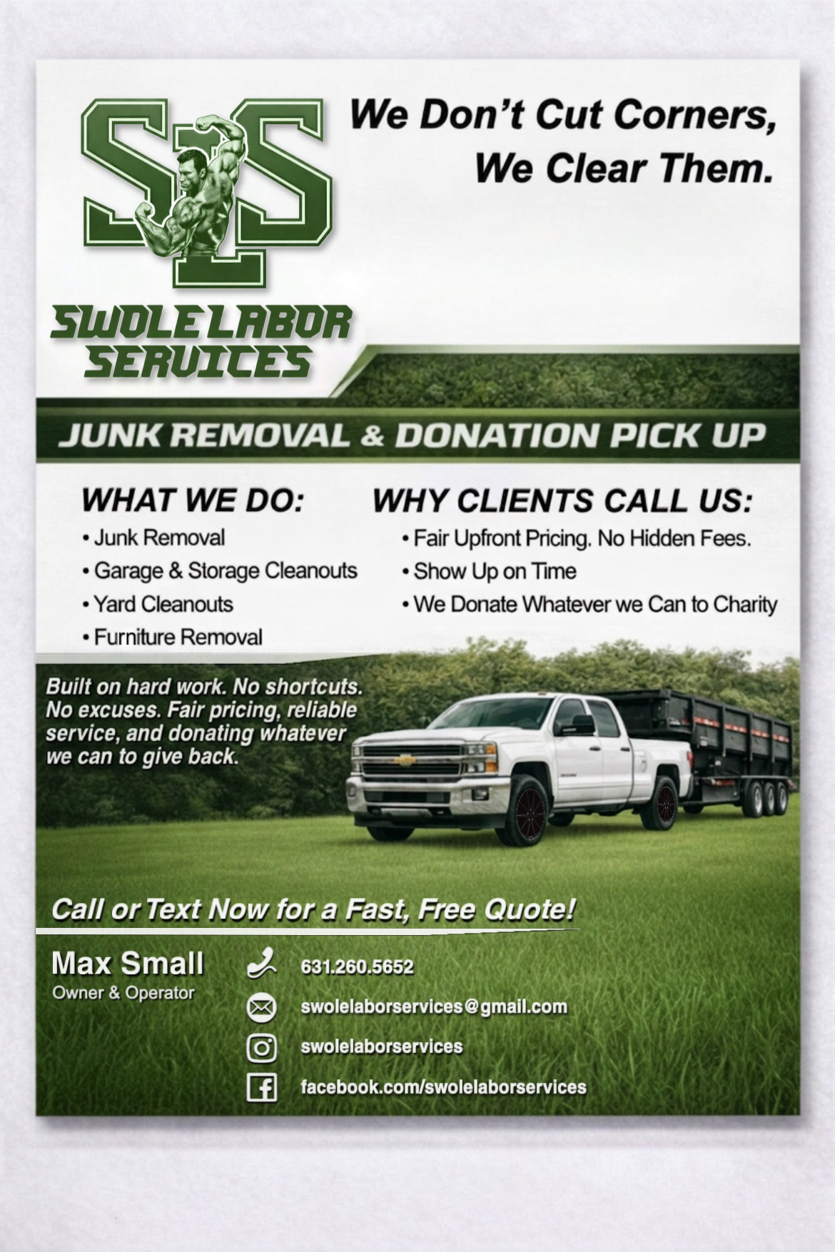 Original printed flyer for Swole Labor Services — junk removal & donation pickup, Fort Myers FL